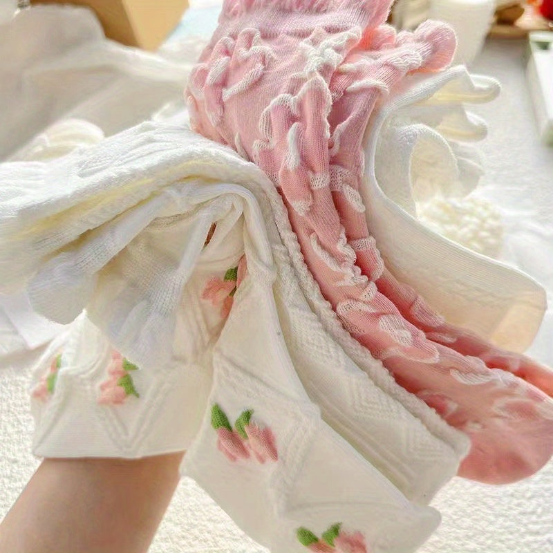 10\u002F20\u002F30 Pairs Women'S Floral Lace Mid-Calf Socks - All-Season Lightweight Pastel Pink & White, Delicate Ribbed Cuffs, Breathable Polyester for Casual Outdoor Wear, Feminine Sock Design