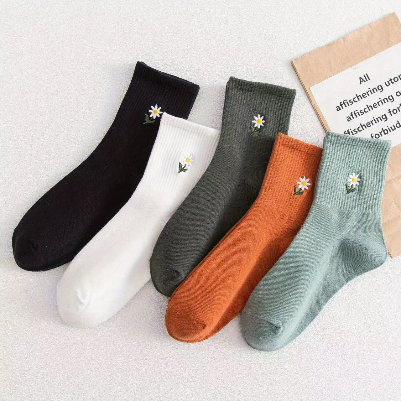 5 Pairs Womens Fashion Solid Color Mid-Tube Socks with Delicate Small Daisy Embroidery - Comfortable & Stylish Value Pack