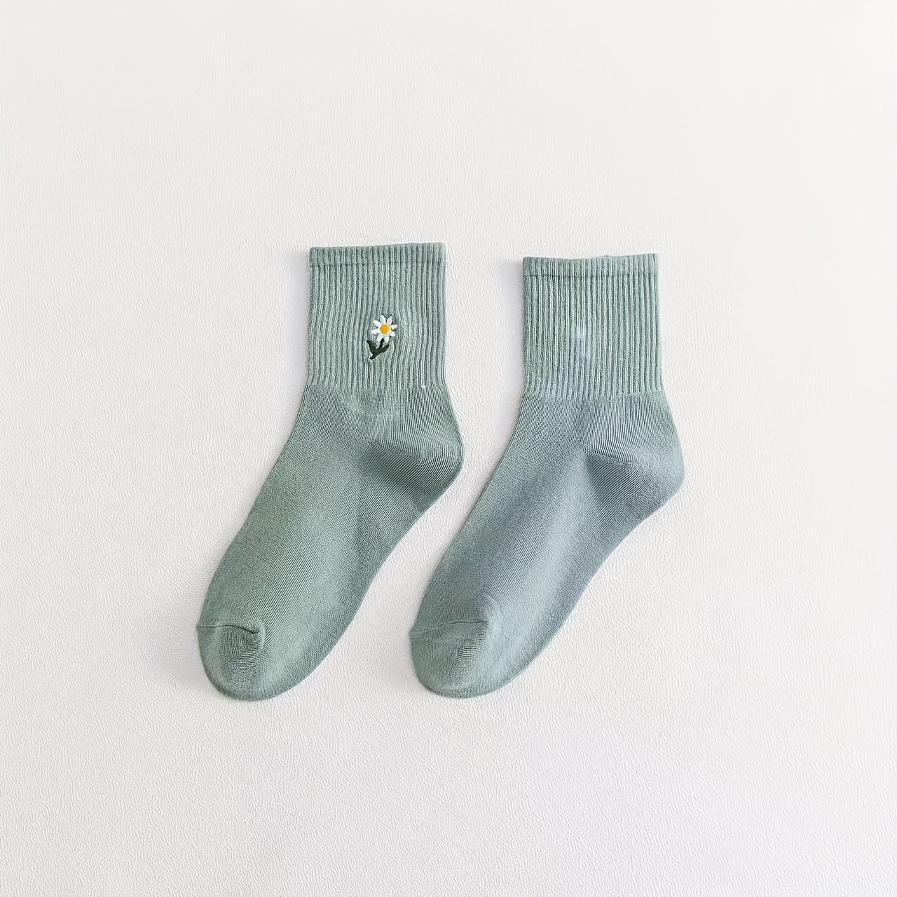 5 Pairs Womens Fashion Solid Color Mid-Tube Socks with Delicate Small Daisy Embroidery - Comfortable & Stylish Value Pack