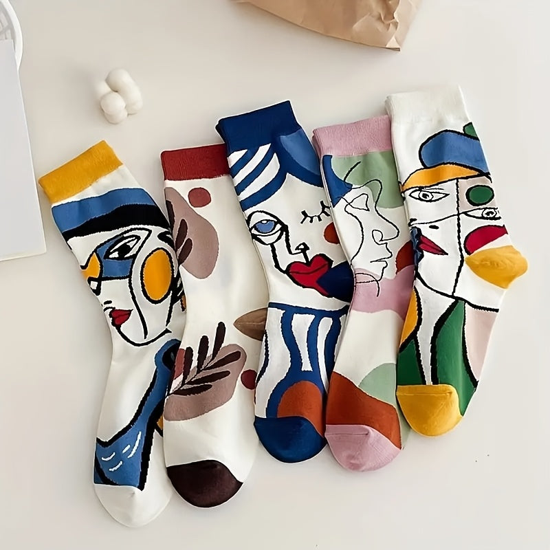 5 Pairs Of 5-color Spring\u002Fsummer Women'S Socks, Breathable And Sweat Absorbing Women'S Long Socks, Autumn\u002Fwinter Socks, Facial Art Socks, Mid Tube Socks
