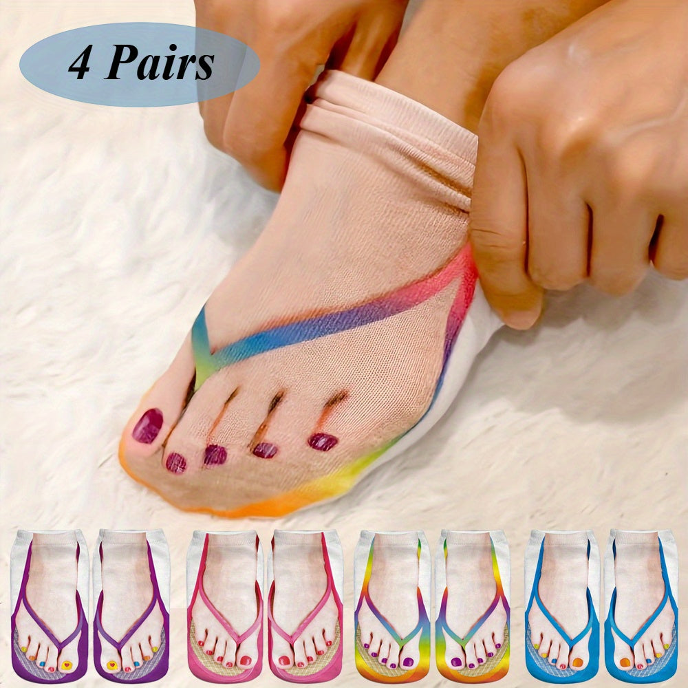 4 Pairs Women's Flip-Flop Socks - Soft Elastic Toe Posters with Nail Polish Print & Geometric Patterns, Breathable Casual Home Beach Travel Socks for Daily Wear, Novelty Socks, Playful Design, Flexible Material