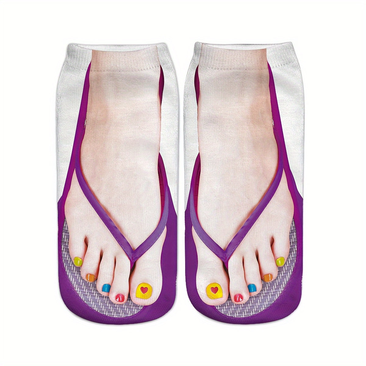 4 Pairs Women's Flip-Flop Socks - Soft Elastic Toe Posters with Nail Polish Print & Geometric Patterns, Breathable Casual Home Beach Travel Socks for Daily Wear, Novelty Socks, Playful Design, Flexible Material