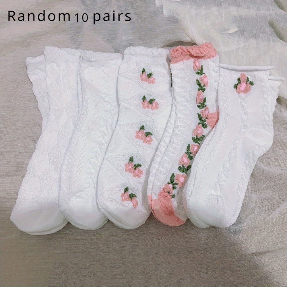 10\u002F20\u002F30 Pairs Women'S Floral Lace Mid-Calf Socks - All-Season Lightweight Pastel Pink & White, Delicate Ribbed Cuffs, Breathable Polyester for Casual Outdoor Wear, Feminine Sock Design
