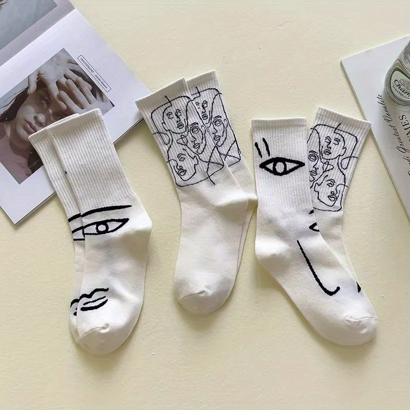 3\u002F 6 Pairs Abstract Line Paintings Mid Tube Socks Street Trend Sports Sweat Absorbing Breathable Couple Casual Socks