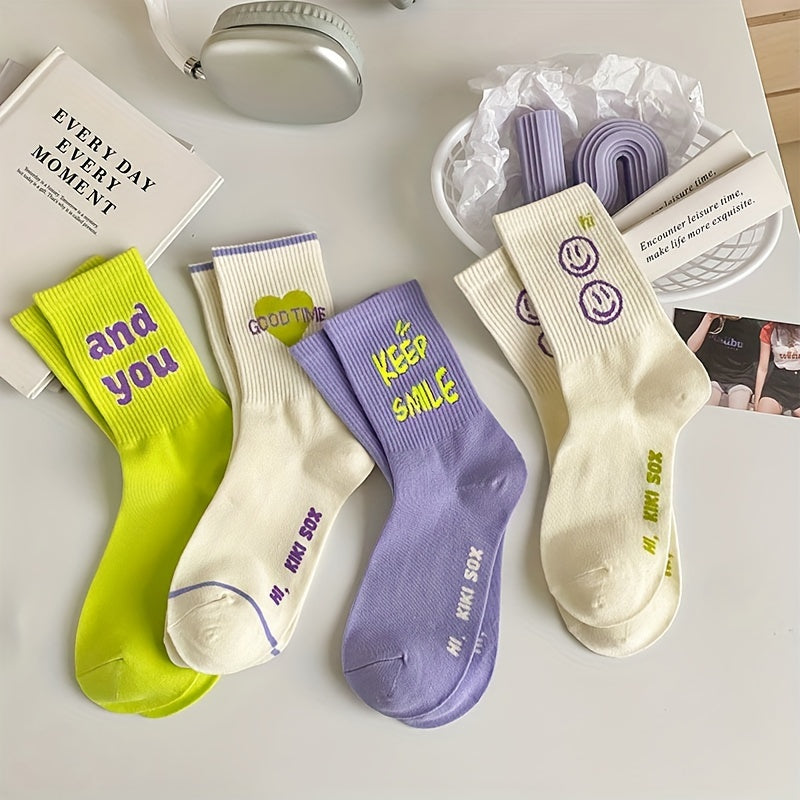 Happy Face Alphabet Women's Socks - All-Season Trendy Street Style Skateboard-Inspired Socks with Positive Messages (Good Vibes, Keep Smile) - Hand Wash Only, Instagrammable Fashion