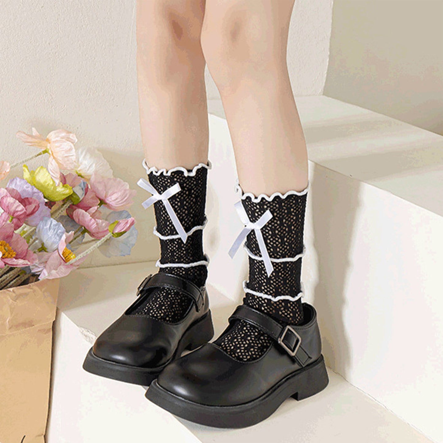Kids Socks for Girls Cute Lace Bowknot Anti-Skid Socks Mid-Calf Socks Spring Summer Stockings