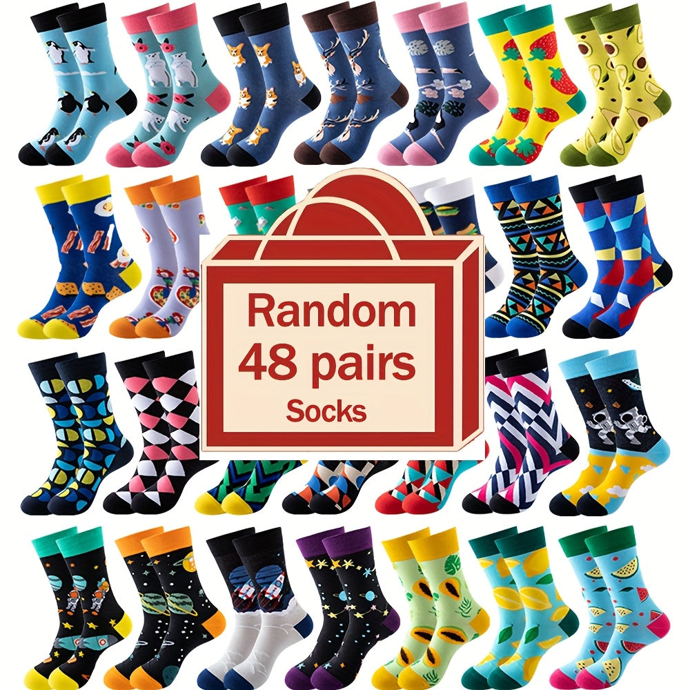 48 Pairs Of Soft And Comfortable Colored Mid Tube Socks With Novel Patterns, Random Colors, Fashionable And Versatile Trends