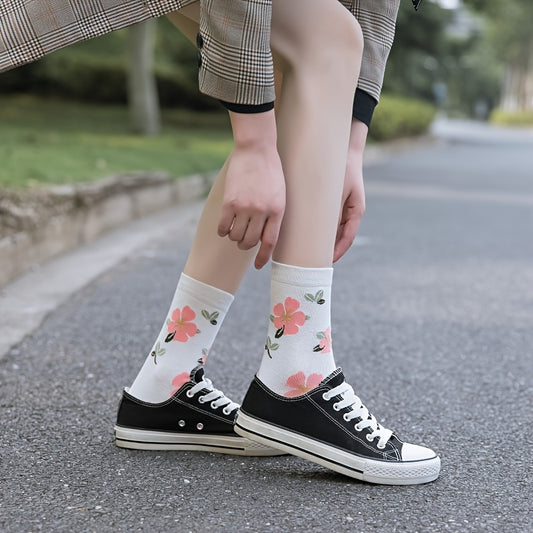 5 Pairs Women's Mid-Calf Floral Print Socks - Soft Polyester Blend, Multi-Color Mixed & Match Patterns, Cute Cartoon Style, Hand Wash Only, All-Season Casual Elegant Socks for Spring Summer