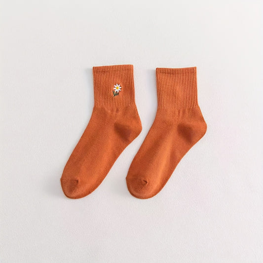 5 Pairs Womens Fashion Solid Color Mid-Tube Socks with Delicate Small Daisy Embroidery - Comfortable & Stylish Value Pack