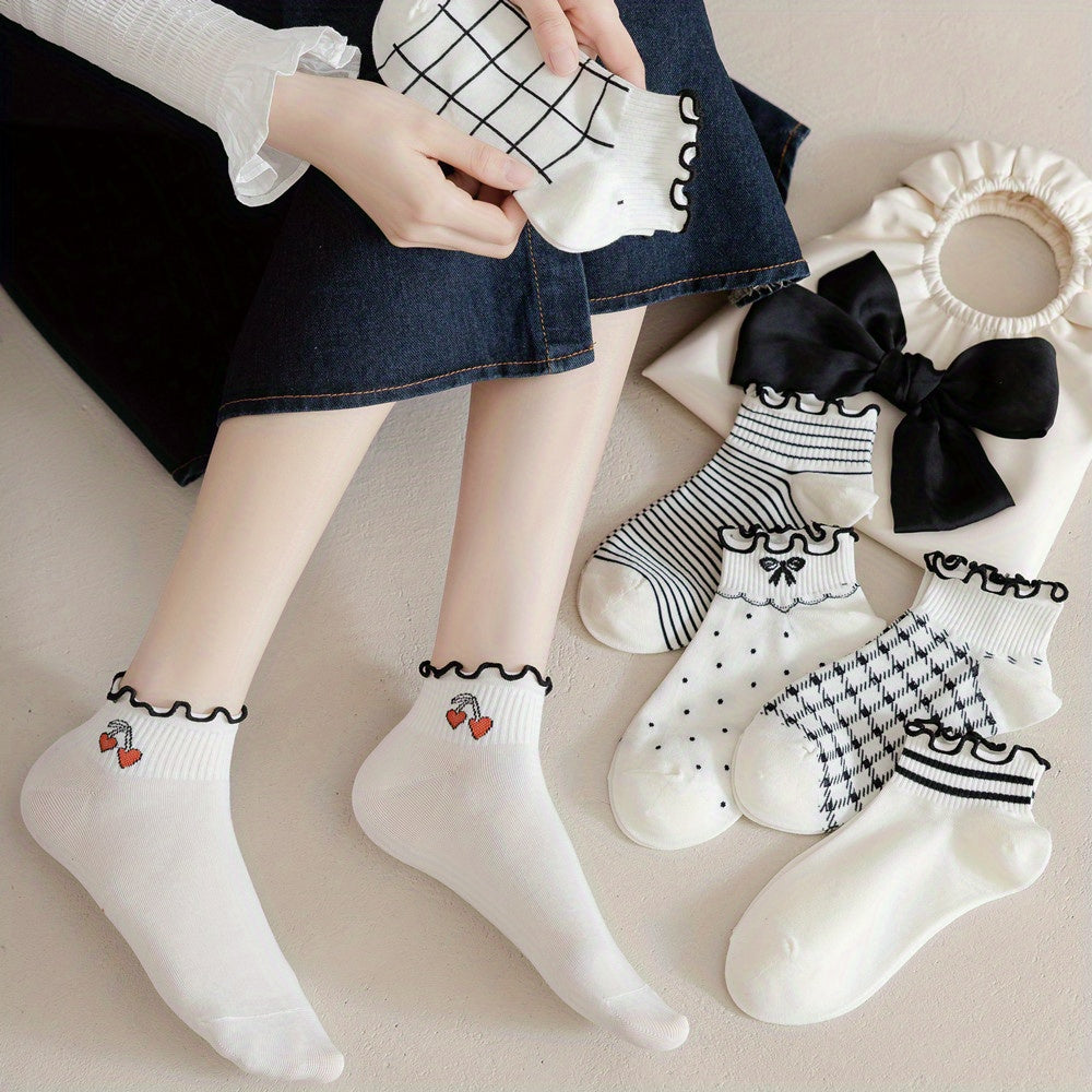 5\u002F 10 Pairs of Fringed with wooden ears Patterned Cozy Socks - Soft Blend, Novelty Knit Fabric, Mid Tube Design, Casual Wear for Women and Girls, Perfect Gift Idea