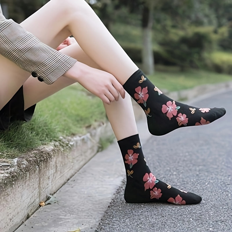 5 Pairs Women's Mid-Calf Floral Print Socks - Soft Polyester Blend, Multi-Color Mixed & Match Patterns, Cute Cartoon Style, Hand Wash Only, All-Season Casual Elegant Socks for Spring Summer