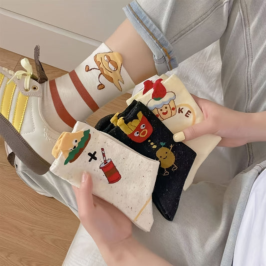 5 Pairs 2025 Trendy Unisex Couple Socks - Ins Style Cartoon Animal & Food Print Long Socks, 5 Colors, Soft Polyester All-Season Warm Socks for Home, Sports, Sleep, Casual Outings, Cozy Home Socks | Vibrant Sock Collection | Polyester Socks, Cute Socks