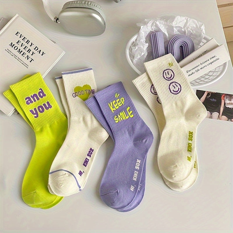 Happy Face Alphabet Women's Socks - All-Season Trendy Street Style Skateboard-Inspired Socks with Positive Messages (Good Vibes, Keep Smile) - Hand Wash Only, Instagrammable Fashion