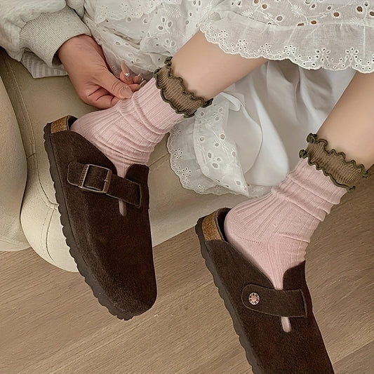 6 Pairs Women'S Double-Layer Ruffled Mid-Calf Socks - Scalloped Edge Lace Trim, Soft Stackable Design, Assorted Solid Colors for Casual & Formal Wear, Layered Sock Styling, Soft Texture